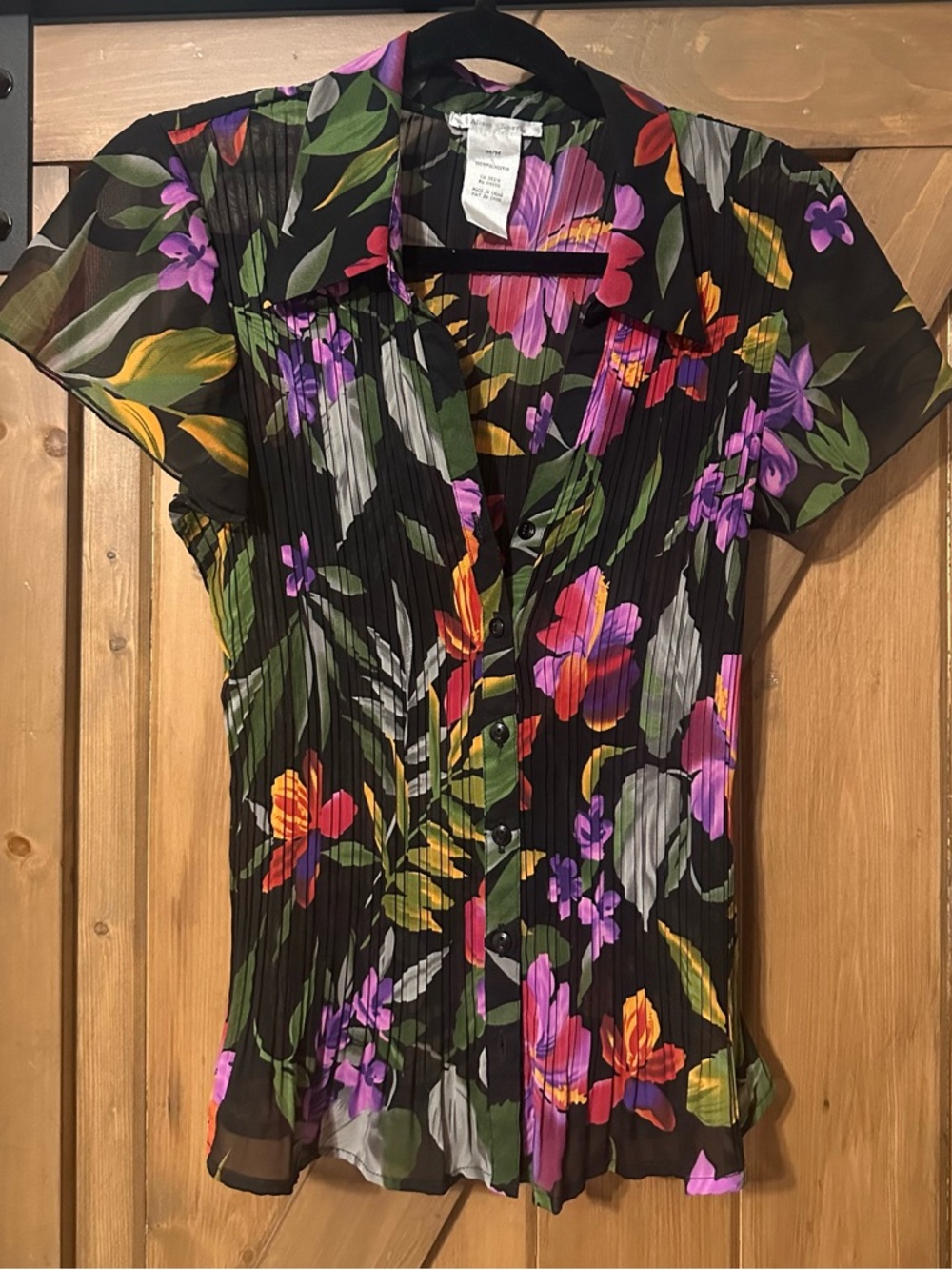 Women’s Short-Sleeve Pleated Floral Blouse - Black with Multicolor Print